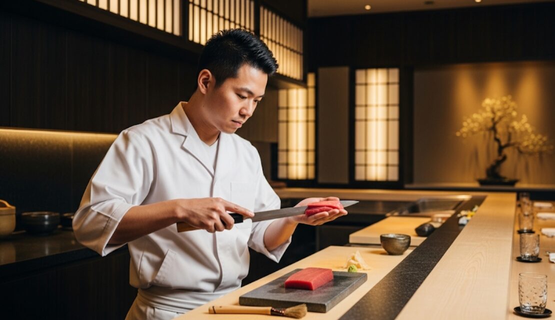 若い日本人寿司職人が、高級なマグロに包丁を入れる瞬間のダイナミックなポートレート。