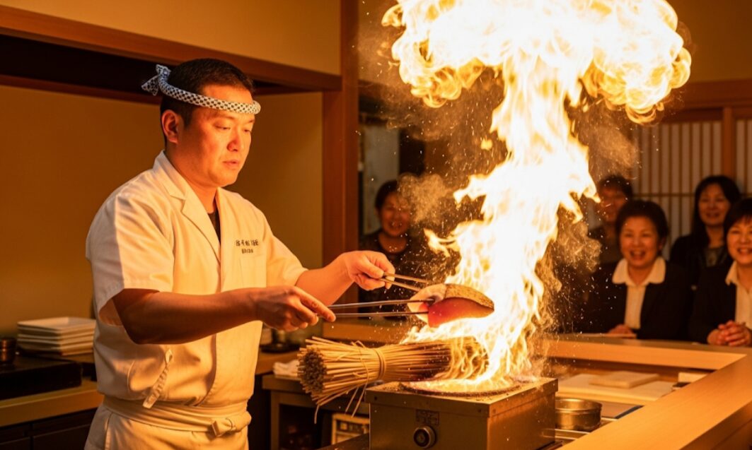 廻鮮江戸前すし 魚魚丸の藁焼きショーを伝える、豪快な炎の中で魚を炙る職人