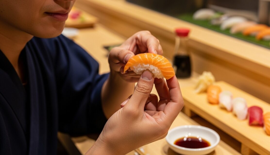 寿司を優しく手でつまんで食べている日本人の手元をクローズアップした写真。