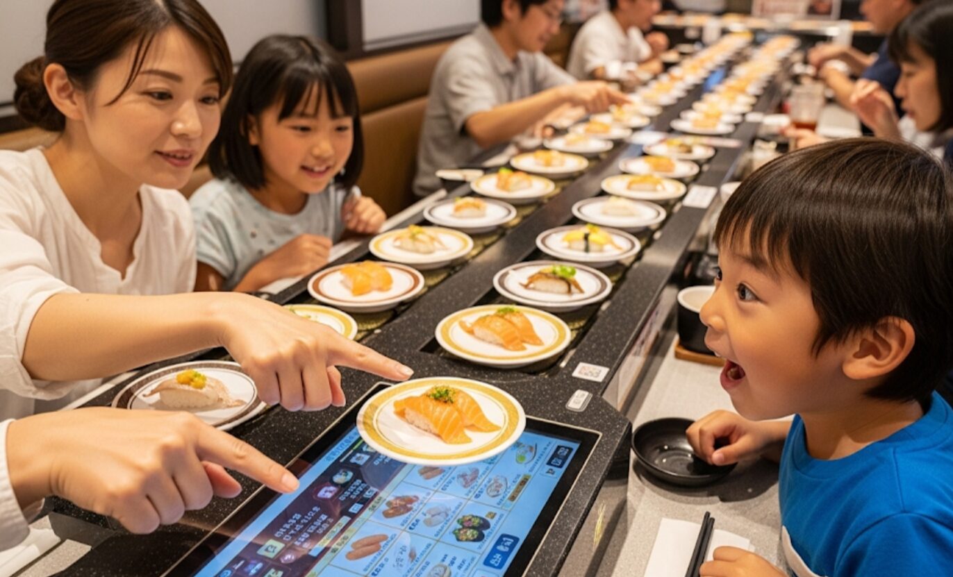 大手回転寿司チェーン店で、タッチパネルを操作して注文する家族。美味しそうな寿司がレーンを流れてくるのを、子供が期待に満ちた表情で見つめている。