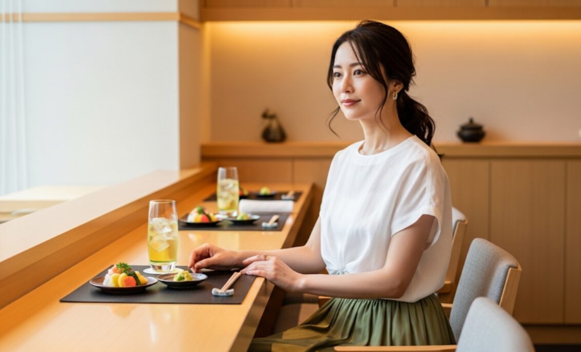 白いリネンブラウスとミディスカートを着用し、涼しげで上品な夏の装いの日本人女性。