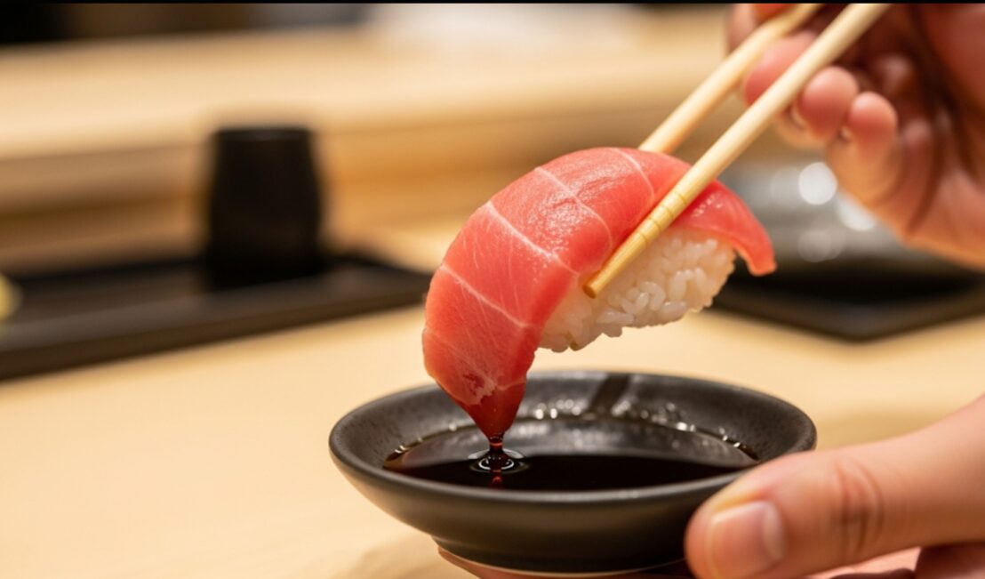 箸で寿司を持ち、ネタの先端だけを丁寧に醤油皿につけている様子。