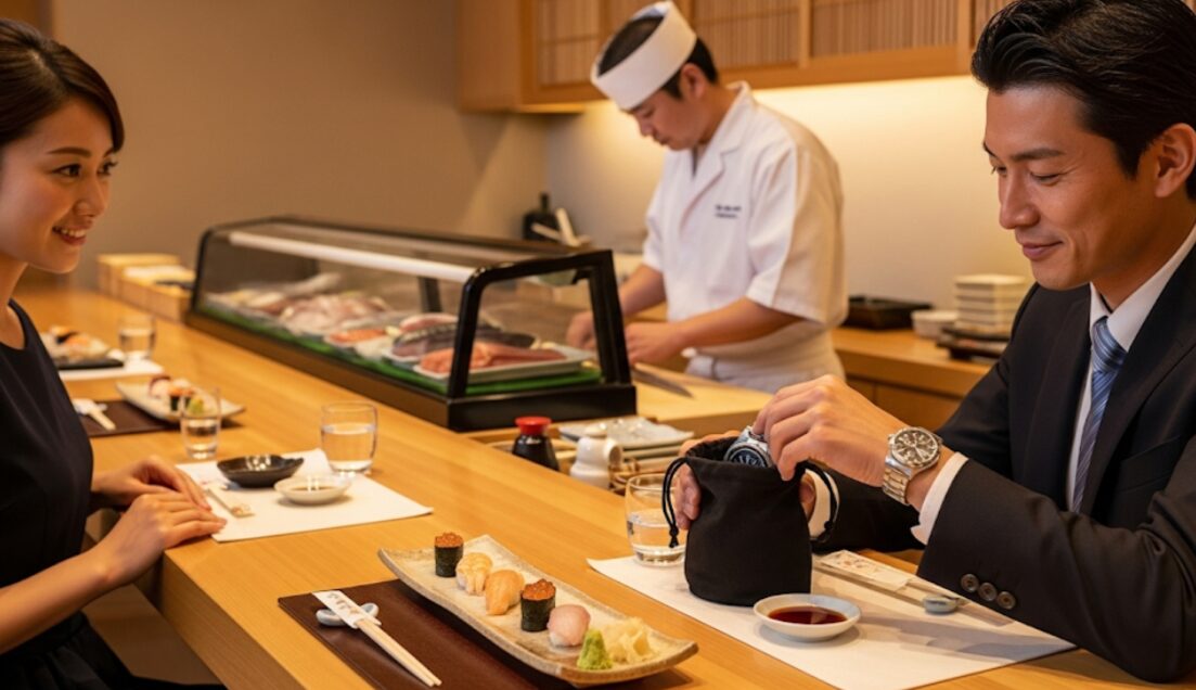 寿司屋のカウンター席で、食事を始める前にスマートに腕時計を外してカバンにしまう日本人男性。