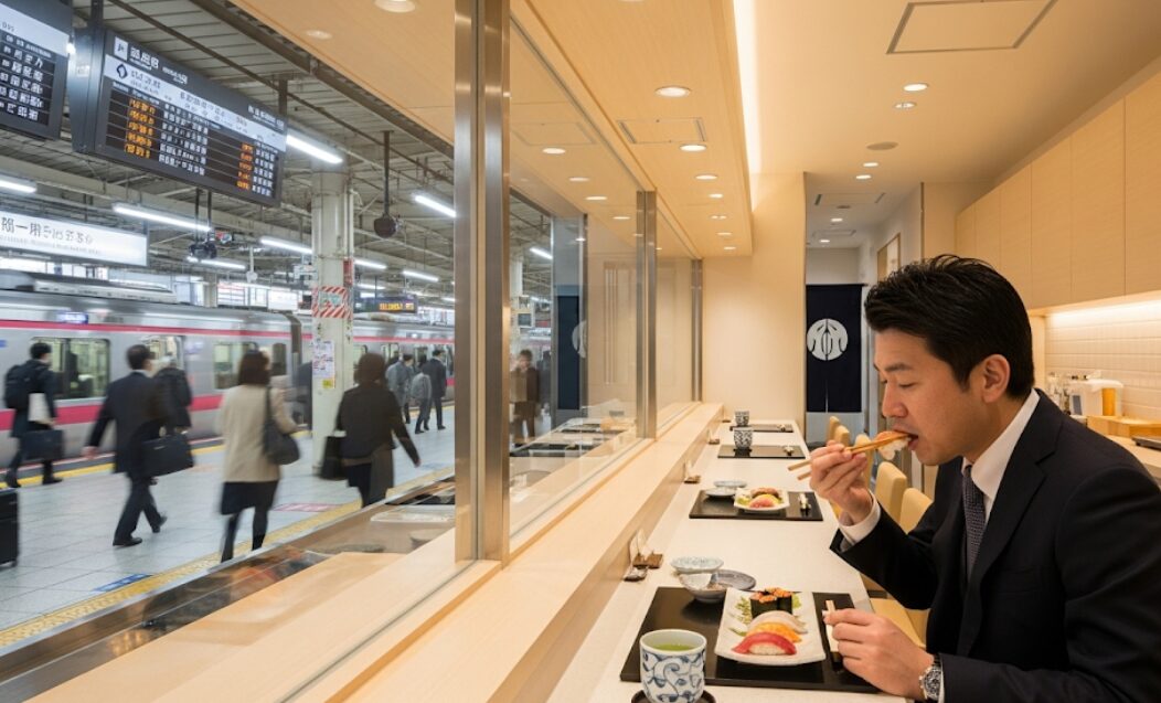 名古屋駅の便利な回転寿司店で、ランチを楽しむビジネスマンの様子