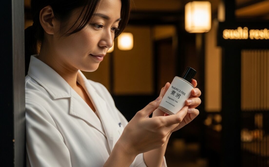 寿司店の入り口で、香りの強い製品を避けるために無香料のヘアスプレーをチェックしている日本人の手元のクローズアップ写真。