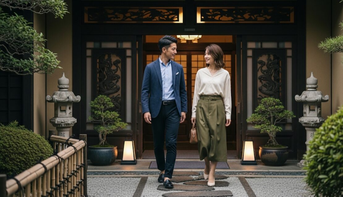 清潔感のあるスマートカジュアルな服装の日本人の男女が、高級感のある日本料理店の入り口に向かって歩いている