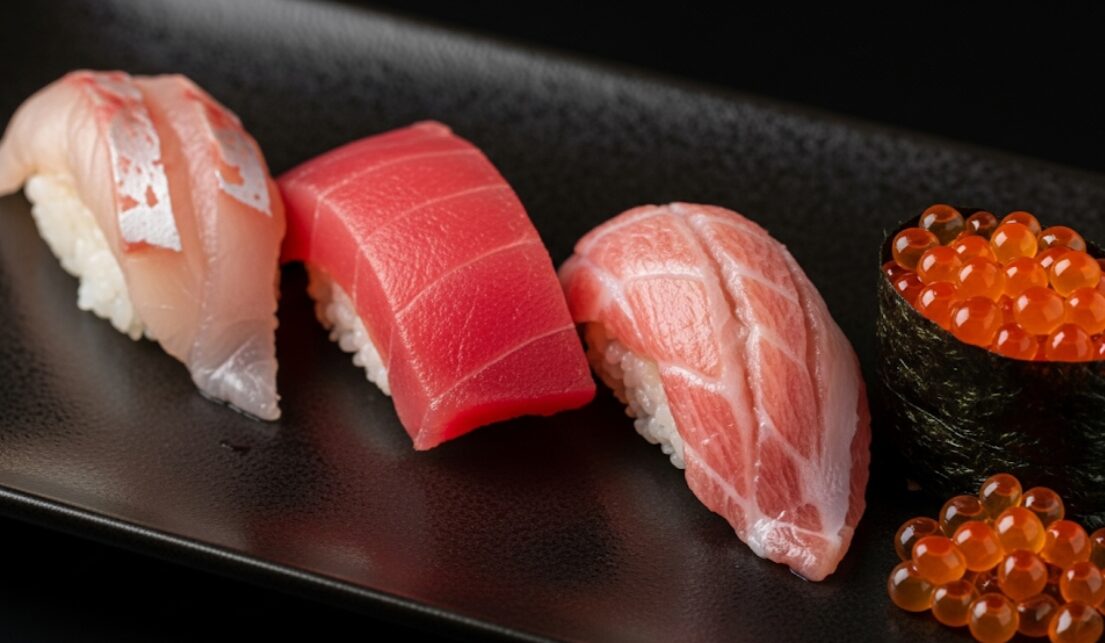 淡白な白身魚から赤身、中トロ、軍艦巻きへと並べられ、食べる順番を視覚的に示している寿司の盛り合わせ。