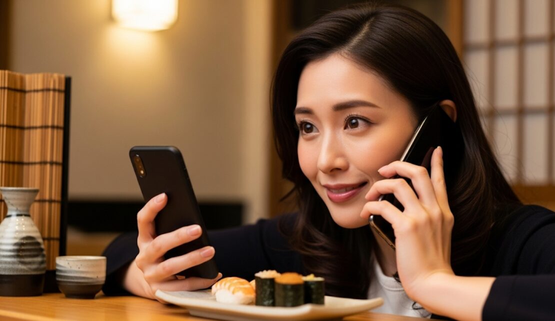 寿司屋を電話で予約している女性が、安心した表情で「一人あたりの予算を伝えている」様子。手元にはスマートフォンが置かれている。