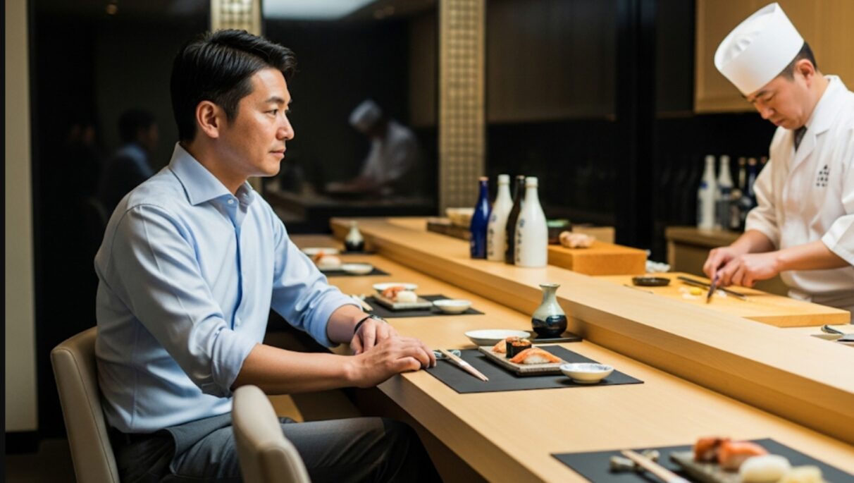清潔感のある襟付きシャツとスラックスを着用し、高級寿司店のカウンターで職人の仕事を見守る日本人男性。