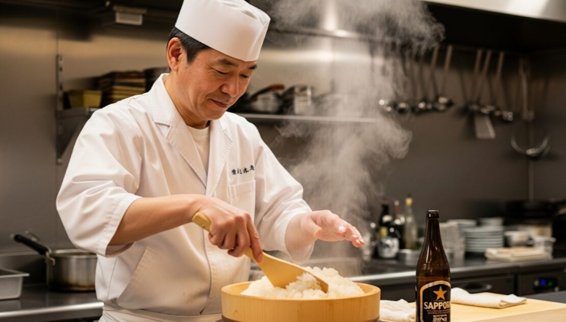 優しい表情の日本人寿司職人が、ビール瓶を横に置きながら丁寧にシャリを混ぜる様子。
