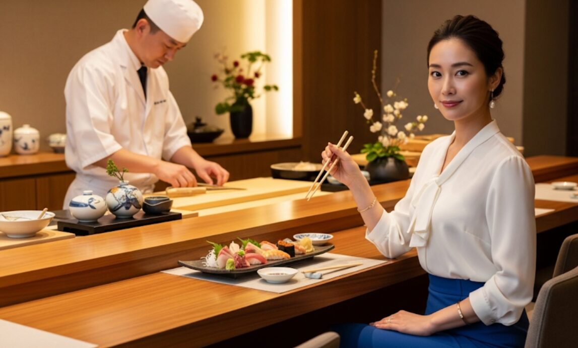 高級寿司店で、洗練されたブラウスとスカートを着用し、上品な姿勢で座る日本人女性。