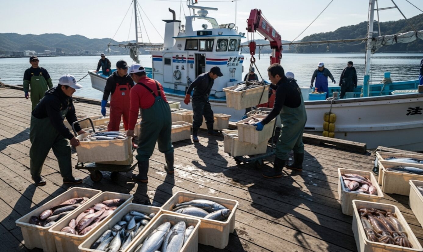 相模湾の漁港に停泊している漁船と、水揚げされたばかりの新鮮な魚介類を運ぶ漁師の姿。
