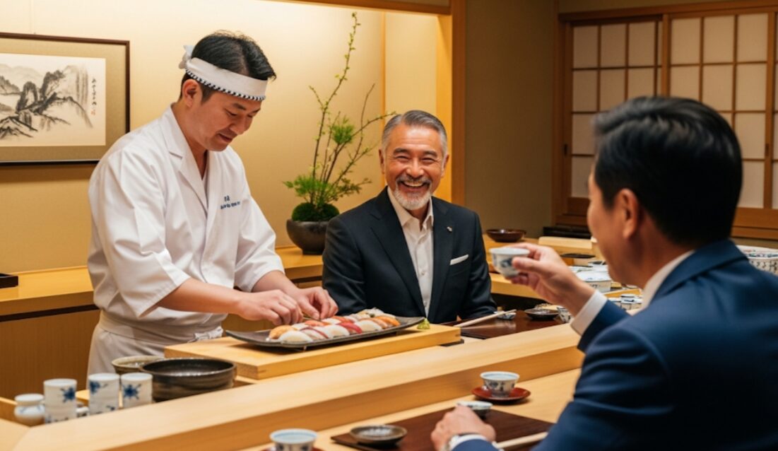 寿司職人がいるカウンター席で、一番奥の特等席に案内された主賓の男性が嬉しそうな表情をしている。手前には接待をする側の男性が座っている。