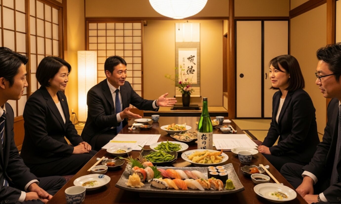 落ち着いた和風の個室で、ビジネスでの接待や会食を楽しむ人々。テーブルには寿司の盛り合わせが置かれている。