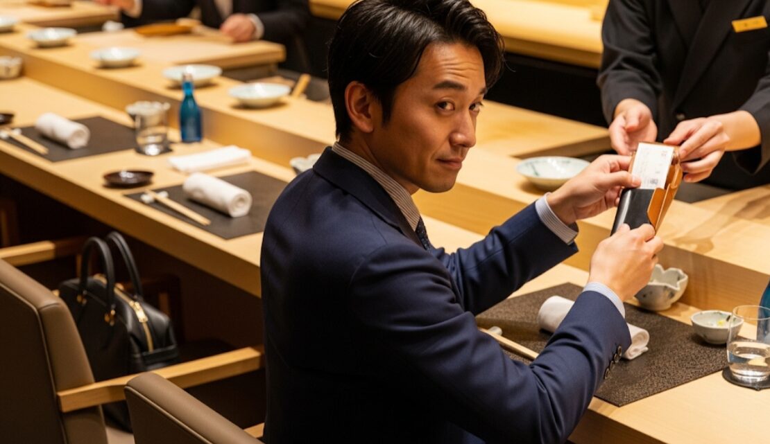 寿司屋のカウンターで、お手洗いに立った相手を待つ間、会計をスマートに済ませる男性。