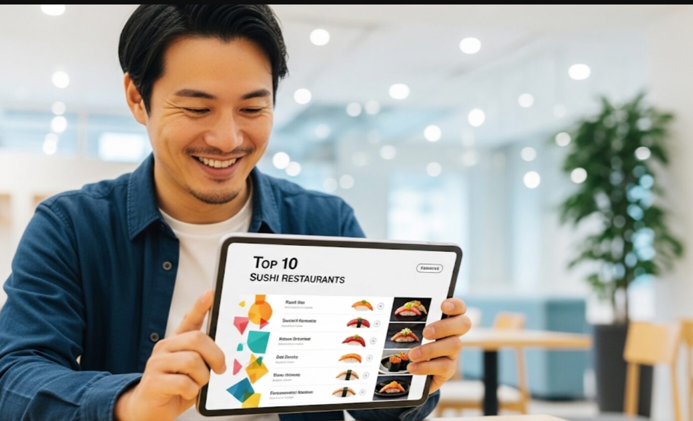 30代の日本人男性が、おしゃれなカフェでタブレットを見ながら微笑んでいる。画面には、美味しそうな寿司の画像と抽象的なデザインで構成された、高級回転寿司店のランキングリストが表示されている。