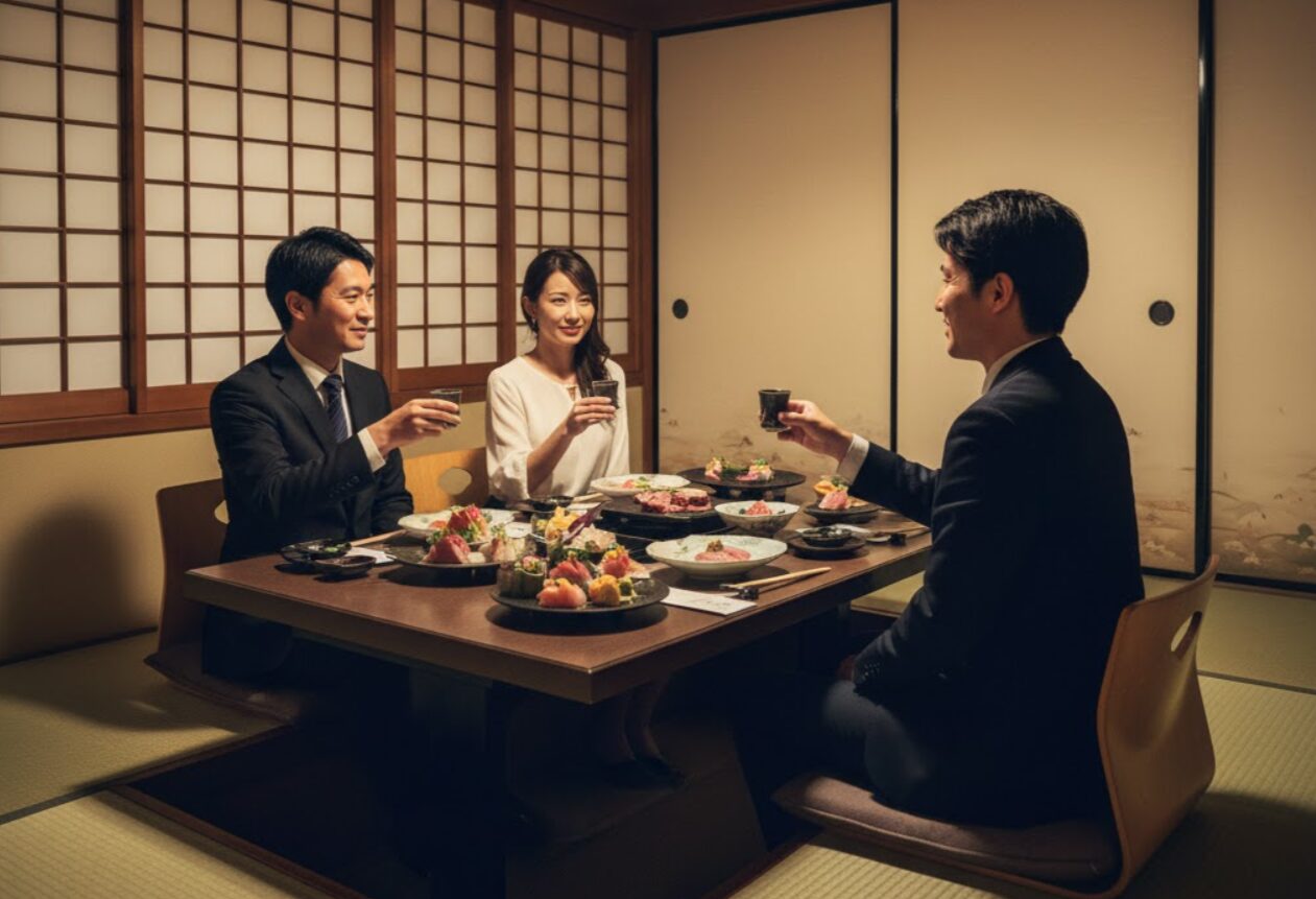 接待や記念日の食事に最適な、上質で落ち着いた雰囲気の高級寿司屋(割烹)の和風個室。