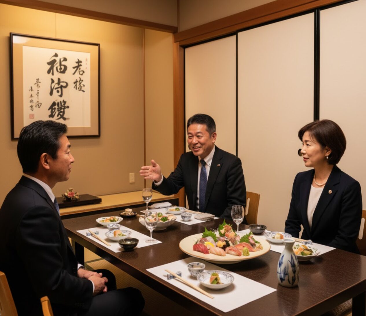 和室の個室でビジネスの接待をしているアジア人男女3人。中央の男性が笑顔で話しており、テーブルには寿司や小鉢が並び、落ち着いた和の雰囲気が漂う。