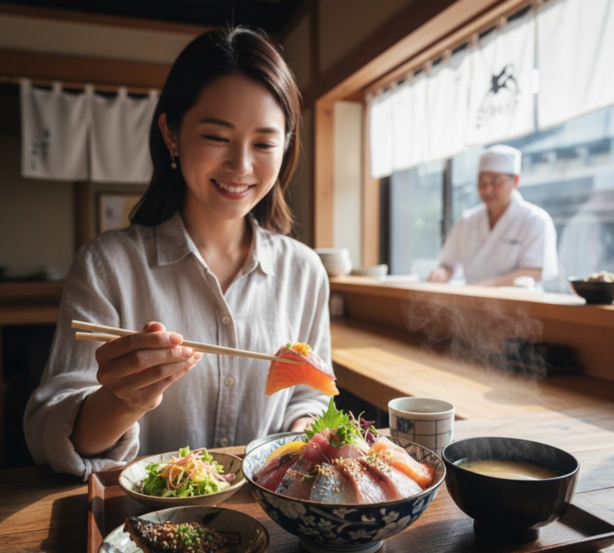 寿司屋のカウンター席でランチに海鮮丼を食べるアジア人女性。箸で魚の切り身を持ち上げ、笑顔で食事を楽しんでいる。