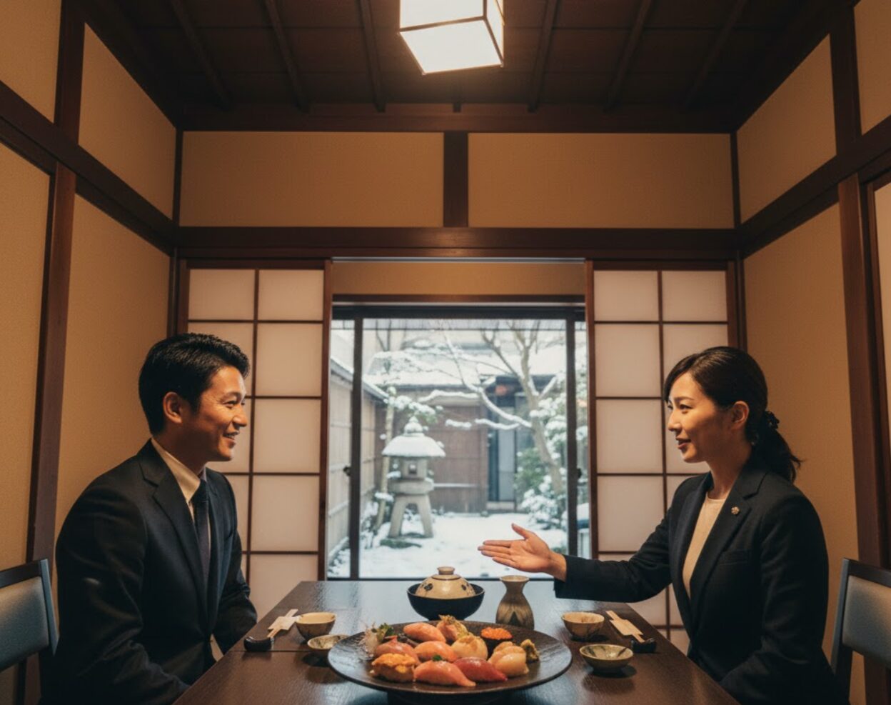 静かで上品な個室の寿司店で、ビジネスパートナーが和やかに会食しており、接待にふさわしい落ち着いた空間が広がっている。