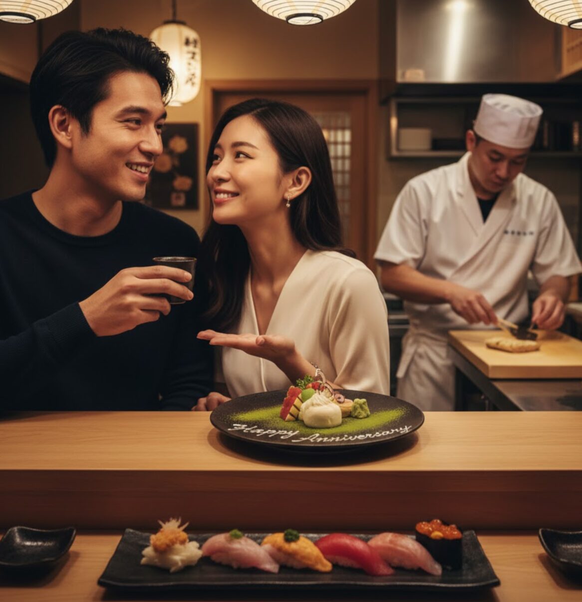 カウンター席で記念日を祝うカップルが笑顔で会話しており、目の前にはデザートプレートと美しく盛り付けられた寿司が並んでいる。