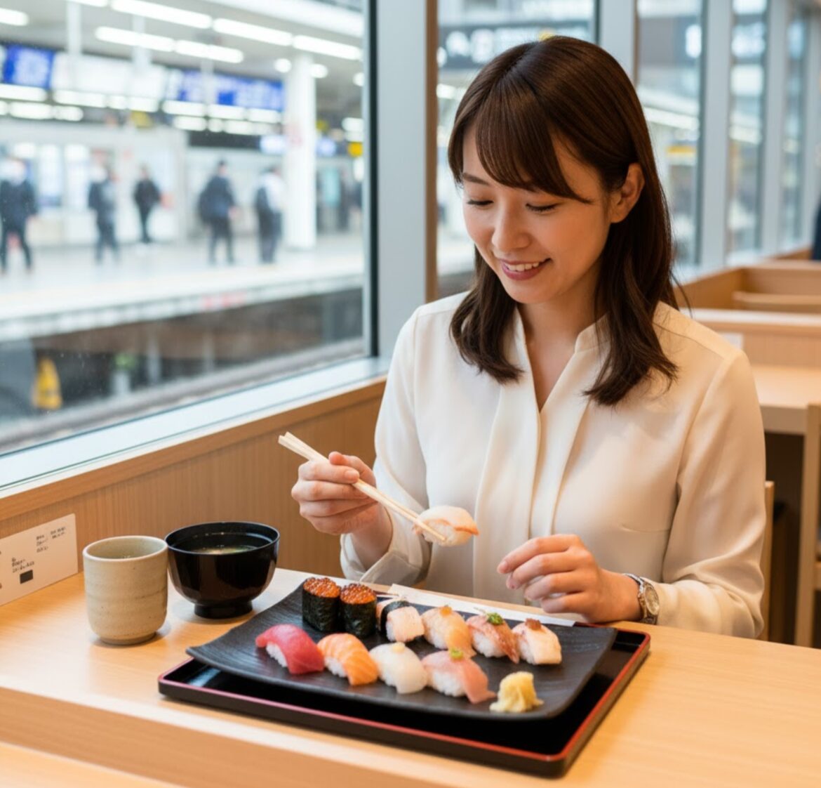 窓から駅のホームが見えるカジュアルな寿司店で、女性がランチの握り寿司を笑顔で楽しんでおり、手軽に上質な食事ができる雰囲気が伝わる。