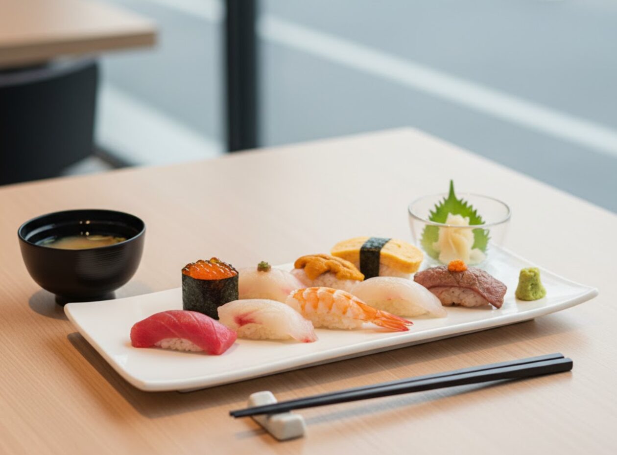 高級寿司店で提供される、色鮮やかで質の高い握り寿司10貫のお得な高級ランチセット。