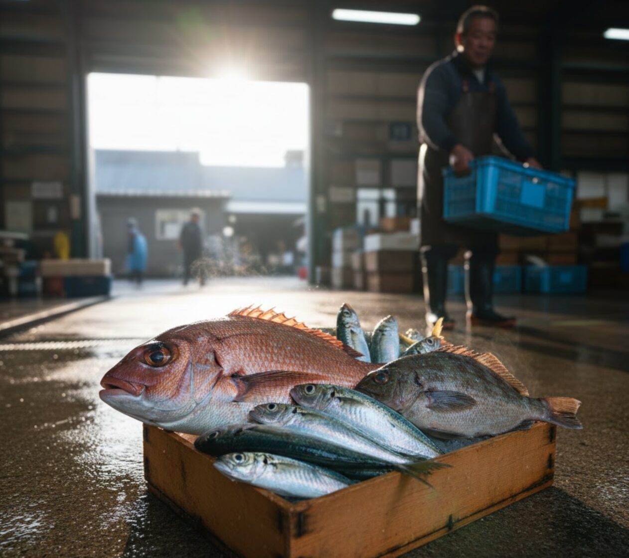 早朝の漁港の市場で、木箱に積まれた獲れたての新鮮な小田原産の地魚。奥には漁師が作業しており、活気ある漁港の様子が伝わる。