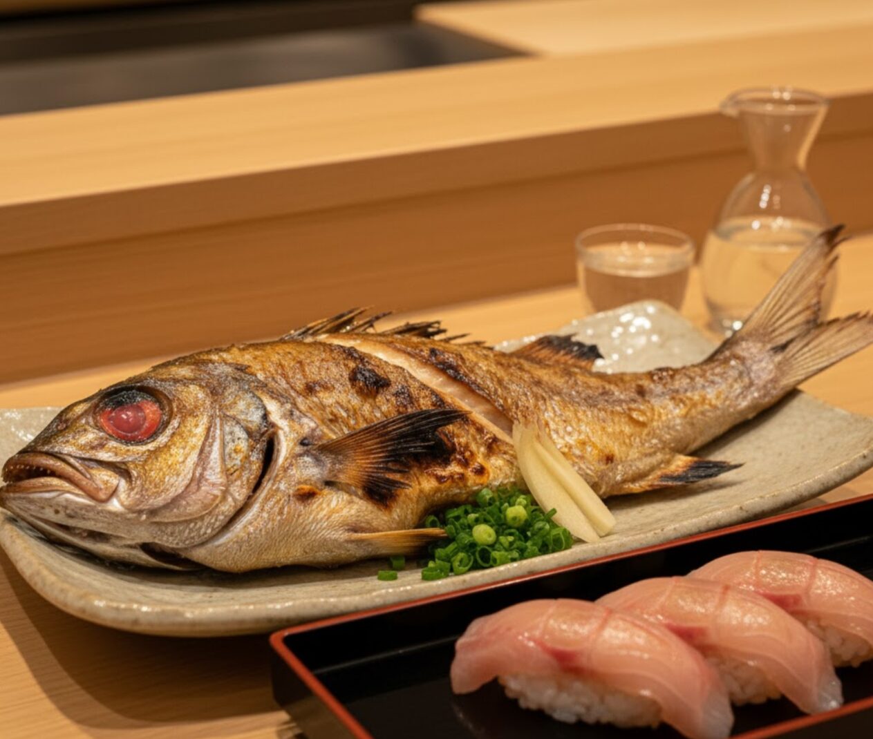 カウンター席に置かれた金目鯛の姿焼きと、手前には金目鯛の握り寿司が並べられている。奥には日本酒の徳利と杯が見える。