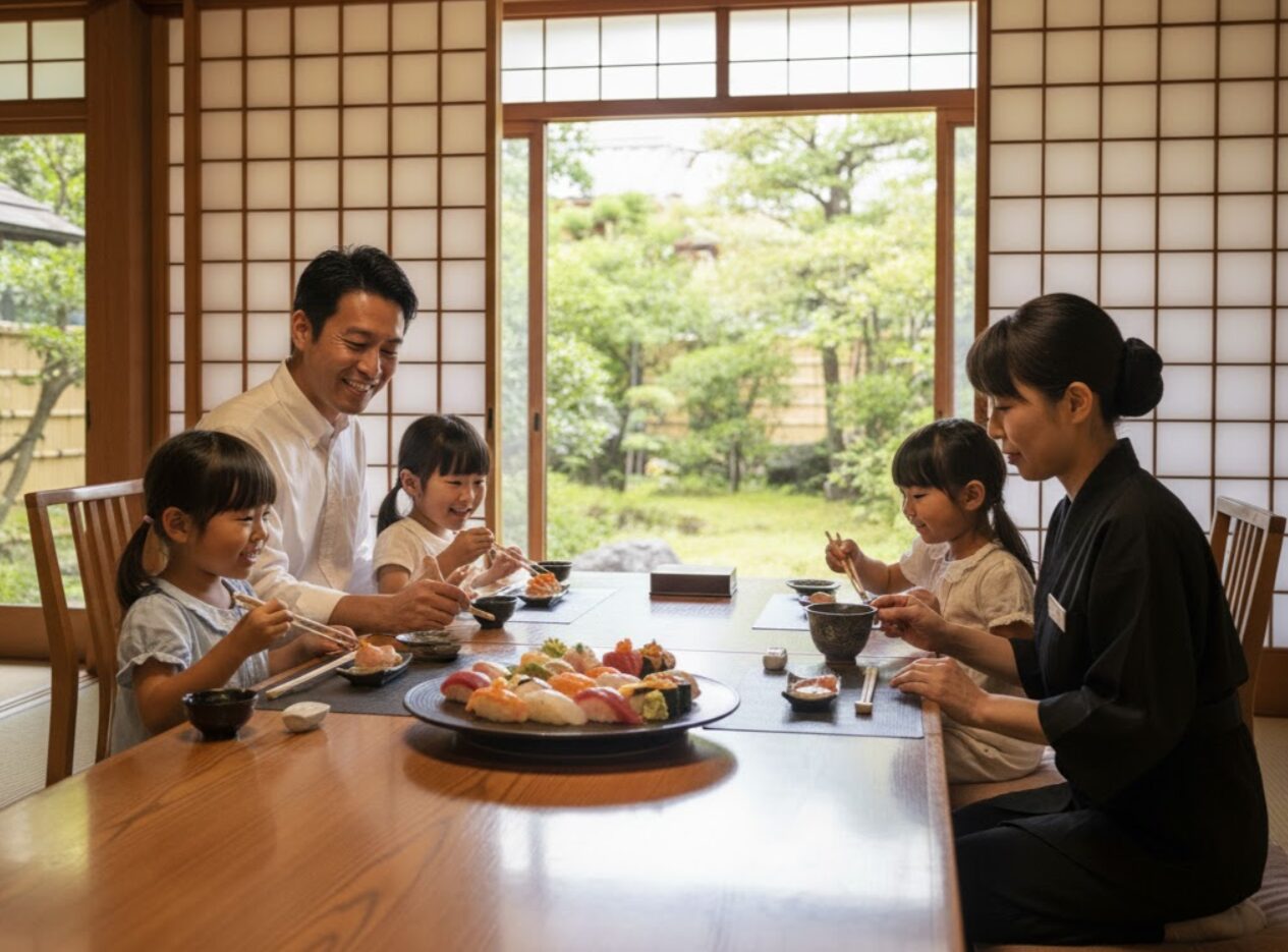 旅館の個室で庭園を眺めながら寿司を囲む日本人の家族。父親と双子の娘が笑顔で食事をしており、母親が優しく見守っている。