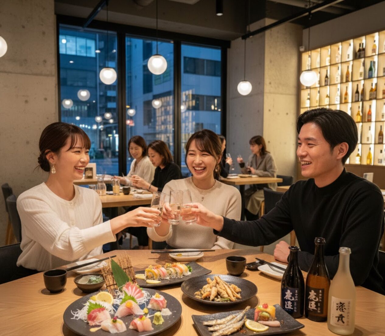モダンな内装の寿司ダイニングで、創作寿司や地酒を囲んで楽しむアジア人グループ。笑顔で乾杯しており、活気と洗練された雰囲気が共存している。