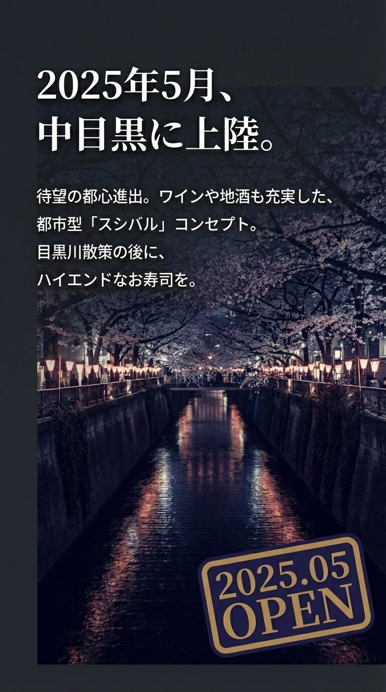 2025年5月、中目黒店が「スシバル」コンセプトで誕生 2025年5月の中目黒店オープン告知。ワインや地酒も充実した都市型「スシバル」コンセプトであることを示すスライド。