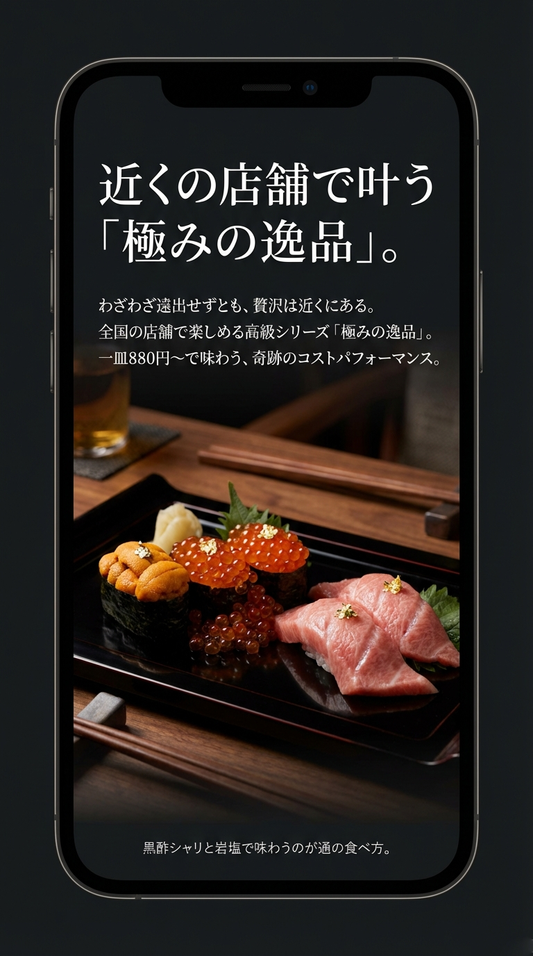 全国の店舗で楽しめる「極みの逸品」シリーズ 遠出せずとも近隣店舗で楽しめる一皿880円からの高級シリーズ「極みの逸品」と、黒酢シャリ・岩塩で味わうおすすめの食べ方の紹介スライド。