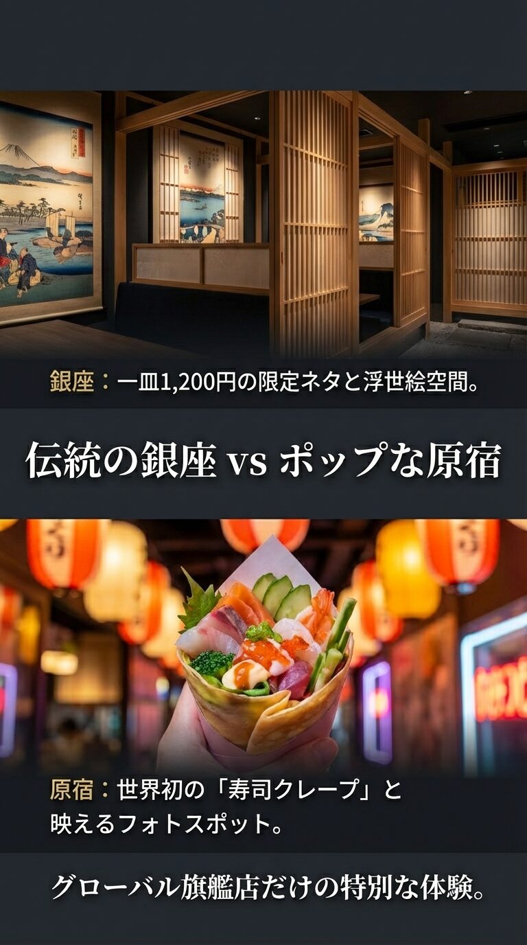 グローバル旗艦店(銀座・原宿)の特別な体験 銀座店の1,200円限定ネタと浮世絵空間、原宿店の寿司クレープと映えるフォトスポットを紹介する、グローバル旗艦店専用のスライド。